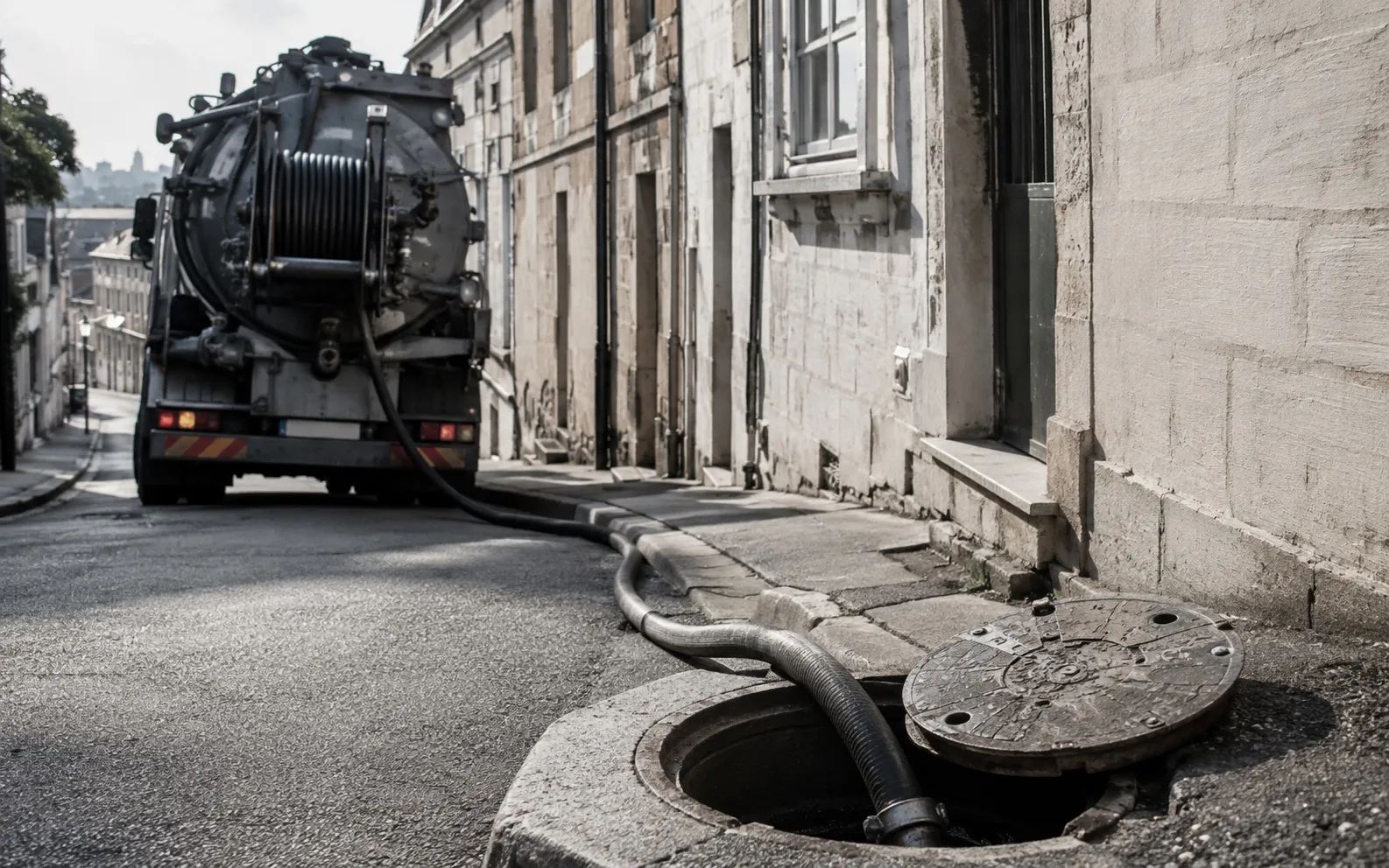 Camion hydrocureur stationné dans une rue en pente, tuyau engagé dans un regard ouvert au premier plan